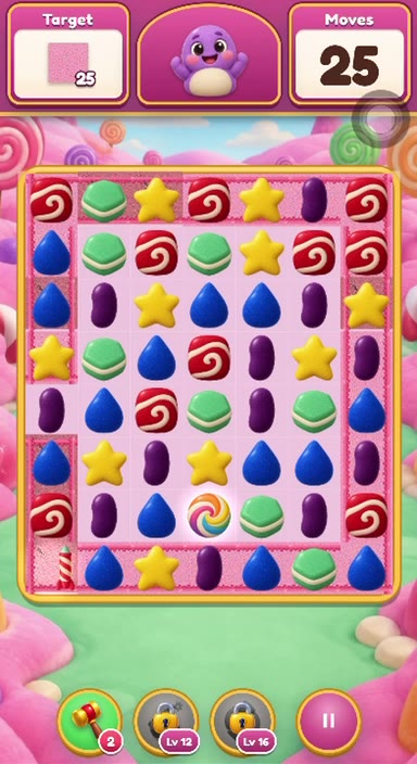 Gameplay: the same match-3 game reskinned with candy pieces, including a striped-candy line blast.