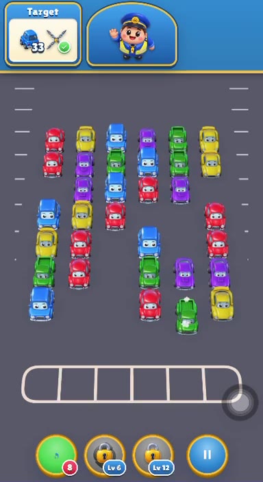 Gameplay: cars are tapped one by one and drive out of a crowded parking lot.