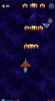 Vertical space shooter: a ship fires through waves of winged enemies